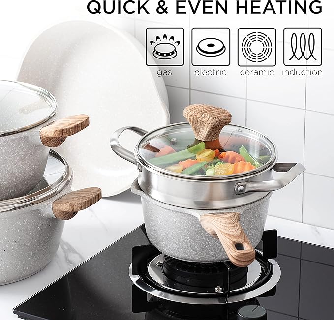 Country Kitchen Non-Stick Cast Aluminum Cookware Set - Durable Kitchen Cookware for Everyday Cooking Cream 15 Pc.