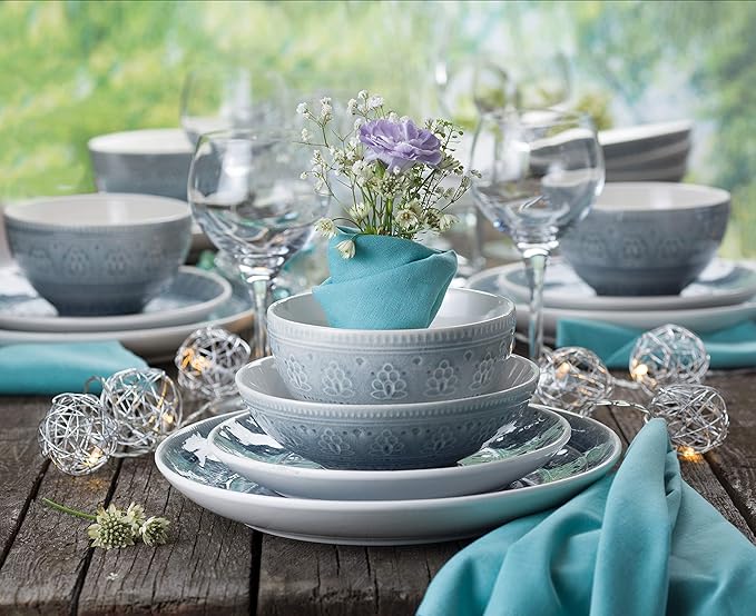 Euro Ceramica Fez 16 Piece Double Bowl Stoneware Mandala Pattern Design Dinnerware Set Service for 4 Grey