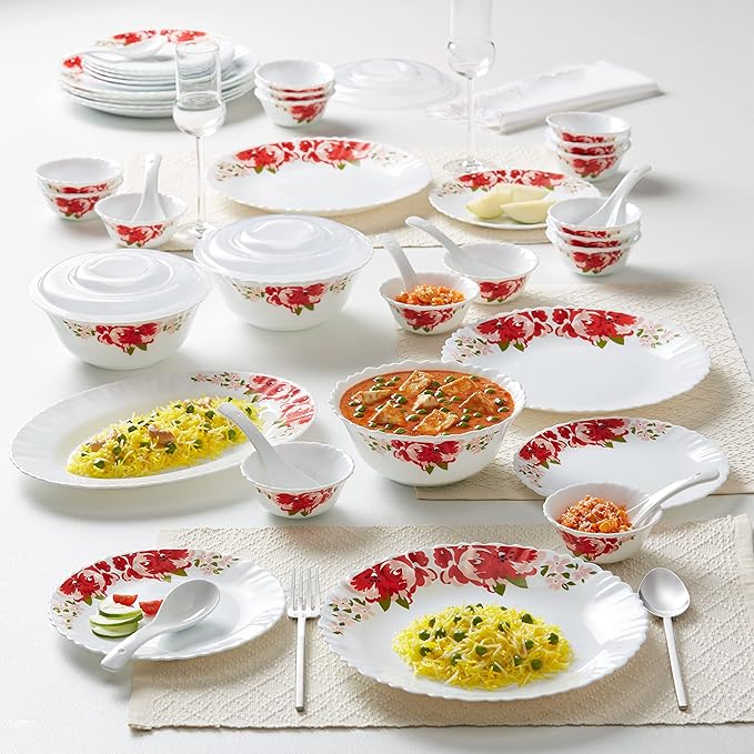 Borosil Gourmet Dinnerware Set For 6 35 Pieces White Dinner Plates and Bowls Chip Resistant Tempered Opal Glass Stain Resistant Dishwasher &amp Microwave Safe Dinner Set For Gifting Serves 6