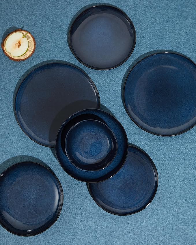 24 Pieces Dinnerware Set for 6 with Pasta Bowls Complete Ceramic Dish Set Stackable &amp Glossy Stoneware Plate and Bowl Set for Effortless Everyday Hosting Starry Blue