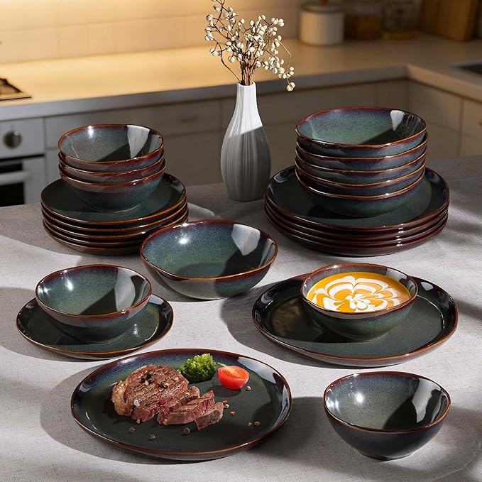 Herogo Stoneware Dinnerware Sets for 8 24 Piece Plates and Bowls Dish Set Irregular Handmade Dinner Ware Dishware for Kitchen Dinning Microwave &amp Dishwasher Safe Lichen Green