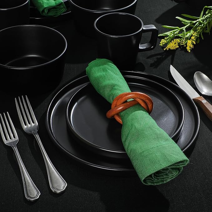 Gibson Soho Lounge Bowery 32 Piece Matte Black Stoneware Dinnerware Plates Bowls and Mugs Set - Service for 8