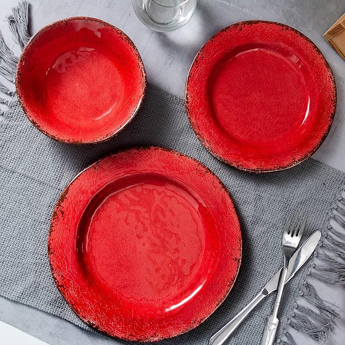 LEHAHA Farmhouse Plates and bowls set 12 Piece Christmas Melamine Dinnerware Sets for 4Lightweight and Unbreakable Dishes SetPerfect for Indoor and Outdoor and Picnic use. Red