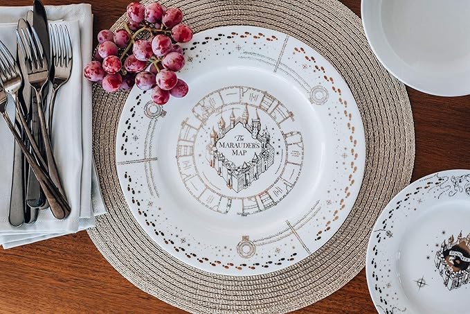 Harry Potter Marauders Map 16-Piece Ceramic Dinnerware Set | Hogwarts-Themed Dish Set | Includes Dinner Plates Salad Plates Bowls Mugs | Place Setting For 4 White