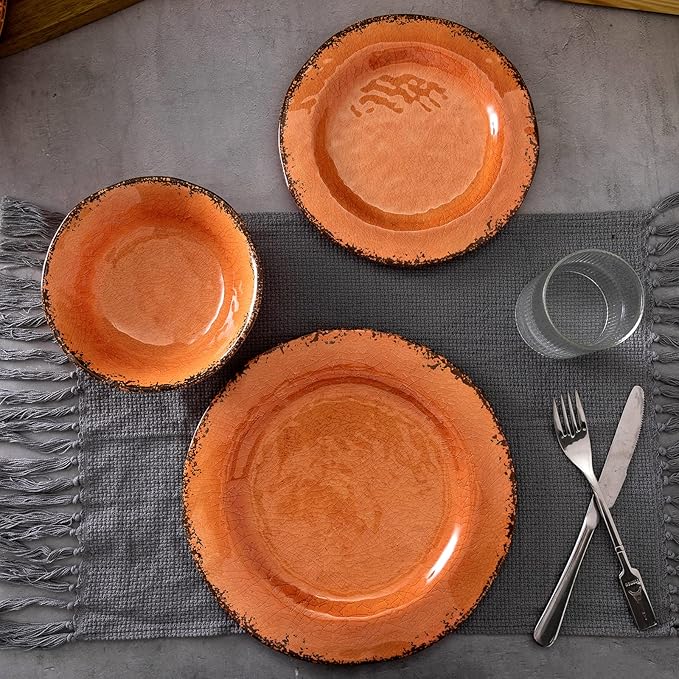 LEHAHA Melamine Salad/Dessert Plates Crackled Design Plates Set of 6 9 inch Small Dinner Plates Modern Rustic Kitchen Serving Dishes for Party Picnic and Camping Use Orange