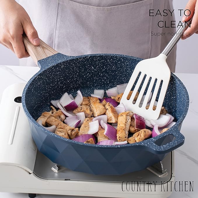 Country Kitchen Non-Stick Cast Aluminum Cookware Set - Durable Kitchen Cookware for Everyday Cooking Navy Diamond 11 Pc.