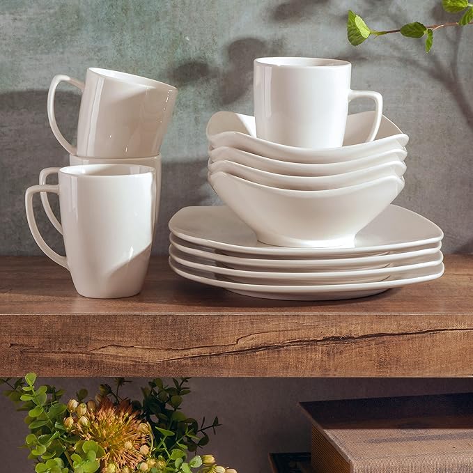 Gibson Home Amelia Court Porcelain Chip and Scratch Resistant Dinnerware set Service for 4 (12pcs) White (Soft Square)