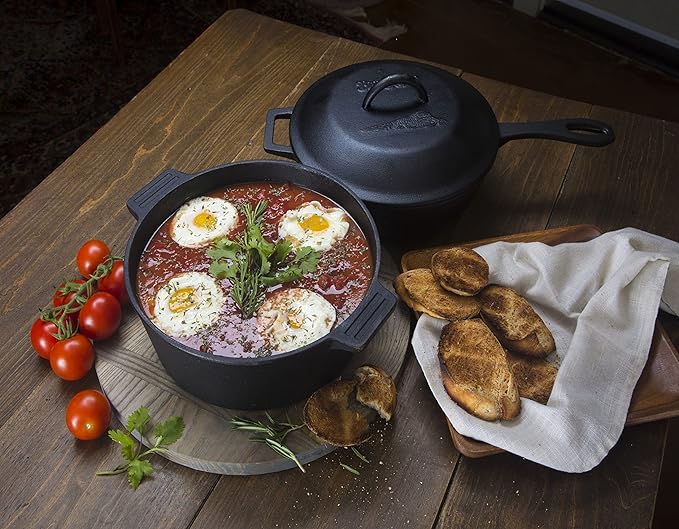 Bayou Classic 7658 3-pc Cast Iron Cookware Set Features 3-qt Skillet and 4-qt Pot w/Interchangeable Domed Basting Lid Perfect for Searing Braising Slow Simmering Soups Baking Apple Pie and Cobbler