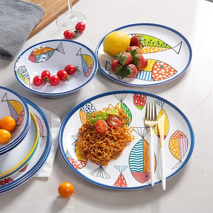 Melamine Dinnerware set for 4 Plates and Bowls Sets Great for Camper RV Indoors Outdoors Use with Ocean Printed Unbreakable