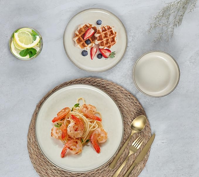 E-far Dinnerware Sets for 4 16-Piece Stoneware Plates and Bowls Set Reactive Glaze Dishes Dinning Ware Set Chip &amp Scratch Resistant Microwave &amp Dishwasher Safe - Sandy Beige