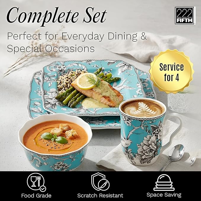 222 Fifth Adelaide 16-Piece Square Floral Dinnerware Set – Service for 4 Turquoise Porcelain Plate Bowl &amp Mug Set Chip Resistant for Everyday Dining &amp Entertainment Microwave &amp Dishwa
