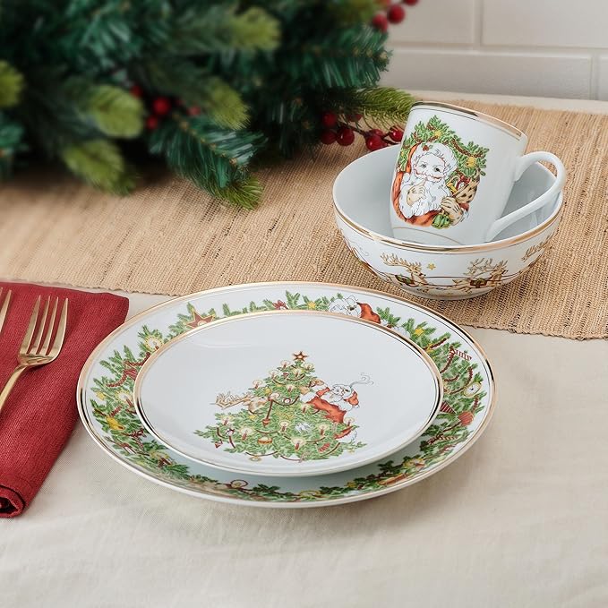 Fitz and Floyd St. Nicholas Gold Banded Holiday 16 Piece Dinnerware Set Service for 4
