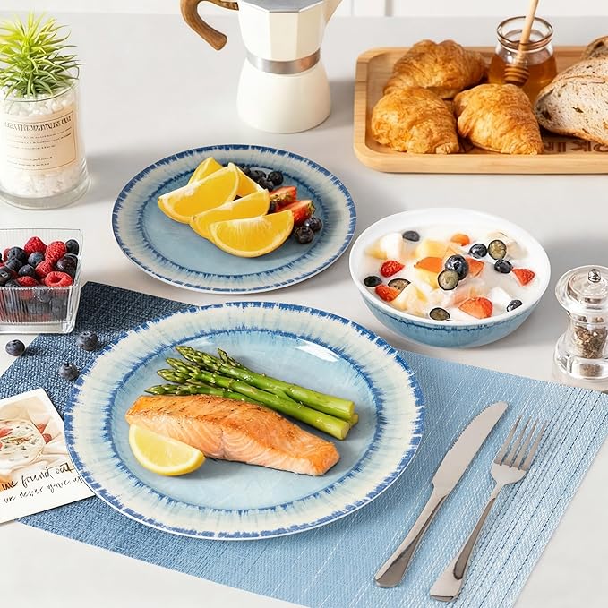 AELS Melamine Dinnerware Set of 12 Pcs Dinner Dishes Set with 4 Placemats for Indoor and Outdoor Use Dishwasher Safe Lightweight Unbreakable BPA Free Light Blue
