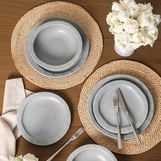 Stone Lain Oasis Stoneware 24 Piece Dinnerware Set Home Kitchen Dish Set with Dinner Plates Salad Plates &amp Bowls - Service for 8 Grey Blue