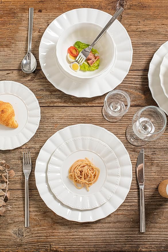 HOMBENE Plates and Bowls Sets 12 Piece Dinnerware Sets Bone China Porcelain Dinner Set with Cereal Bowls Ceramic Soup Bowls for Pasta Salad Gift Idea Wavy Pattern