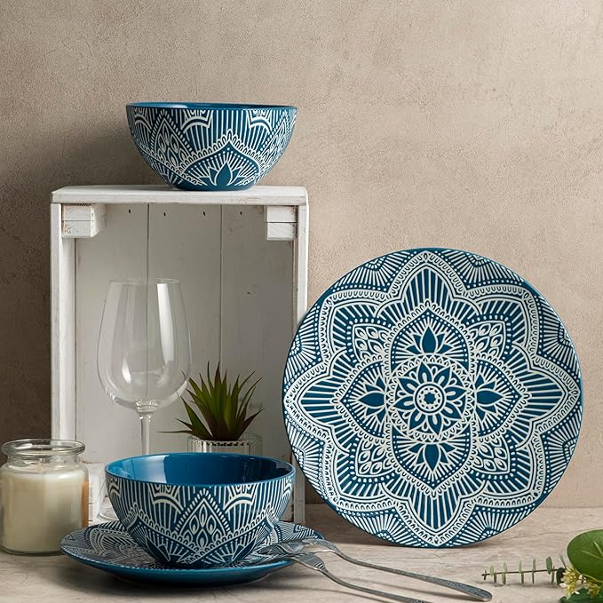 Bzyoo 12-Piece Ceramic Dinnerware Set: La La Mandala Blue Dish Set Design for Every Occasion - Microwave &amp Dishwasher Safe Stackable Plates Bowls