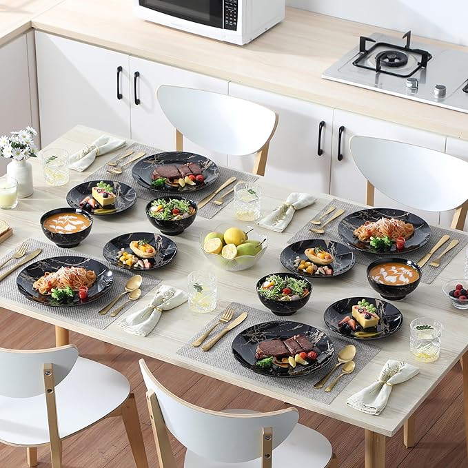 LOVECASA Plates and Bowls Sets for 4 12 Pieces Porcelain Dinnerware Sets Black and Gold Dish Set Gold Splash Dishware Sets Dishwasher Microwave Safe