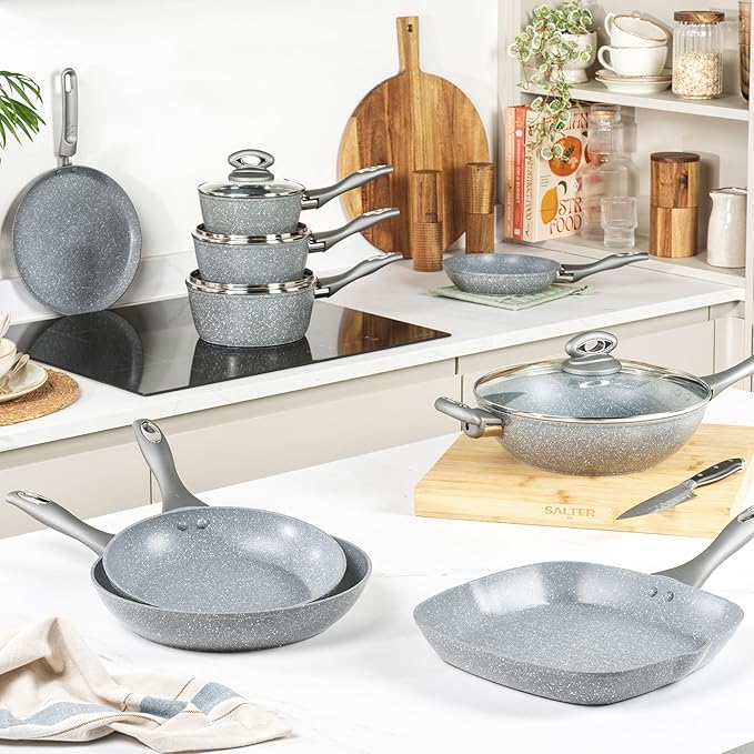 Salter Marblestone 4 Piece Cooking Set – 16cm 18cm 20cm Saucepans with Lids 24cm Frying Pan Non-Stick Corrosion Resistant Forged Aluminium PFOA-Free Suitable for All Hobs Dishwasher Safe