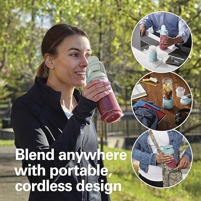 Hamilton Beach Mini Cordless Portable Personal Blender for Shakes and Smoothies USB Rechargeable 16 oz. Jar with Leakproof Travel Lid 6 Stainless Steel Blades Blue (51182)