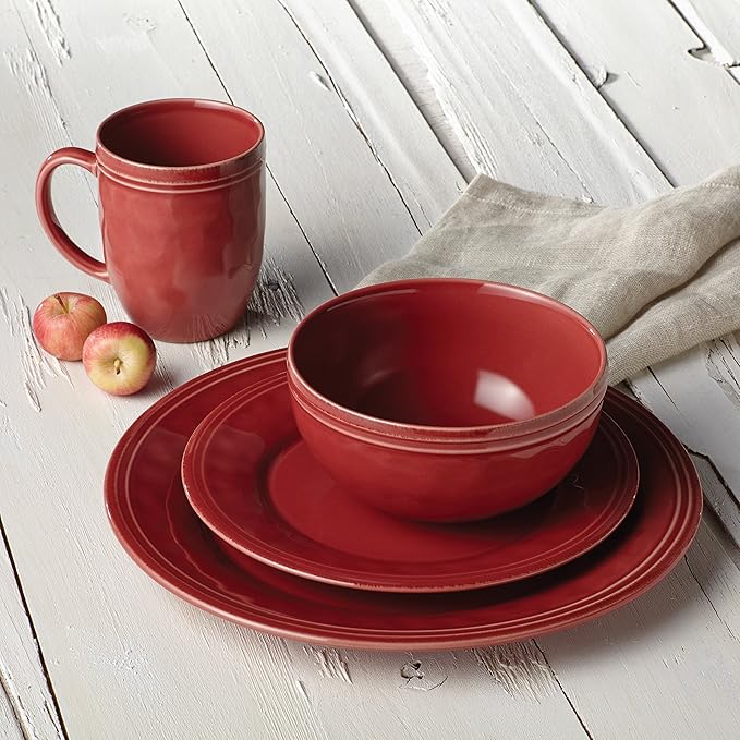 Rachael Ray Cucina Dinnerware 16-Piece Stoneware Dinnerware Set Cranberry Red