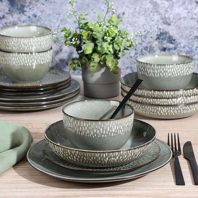 Gibson Elite Matisse 16-Piece Double Bowl Dinnerware Set Service for 4 – Green Stoneware Plates and Bowls