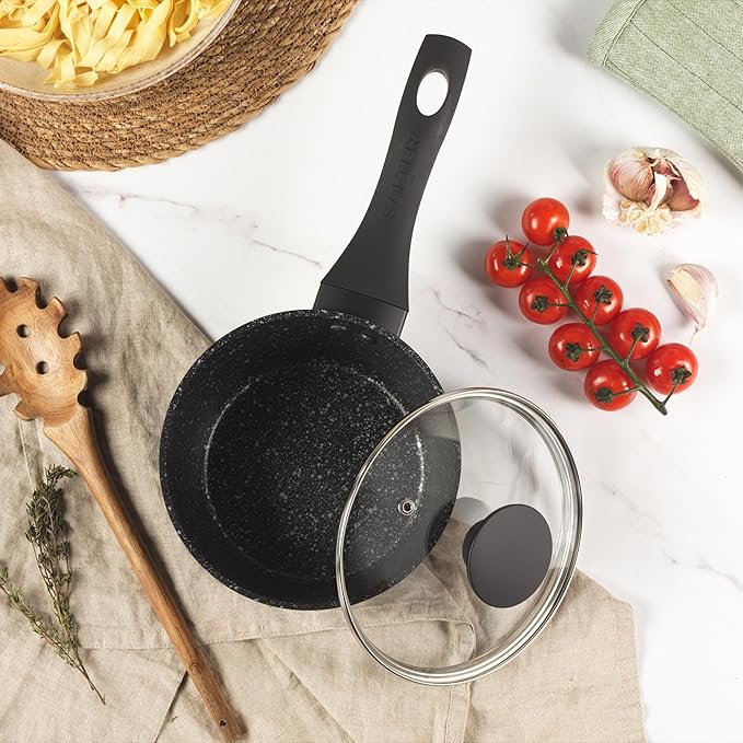 Salter BW05751S Megastone 3 Piece Pan Set - Non-Stick Cooking Pots Induction Hob Suitable 16/18/20 cm Saucepans Durable Forged Aluminium Cookware Includes Tempered Glass Lids Dishwasher Safe