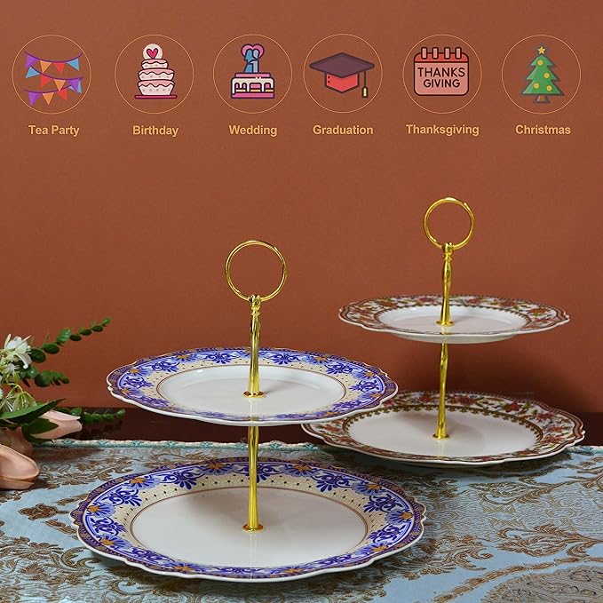 ACMLIFE Bone China Dinnerware Set for 4 2 Tier Cupcake Stand for Dessert Table