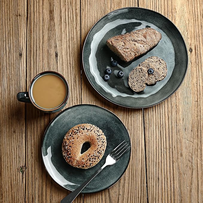 Famiware Ocean Round Plates and Bowls Sets for Kitchen 16-Piece Dinnerware Sets for 4 Mug Set for 4 Reactive Glaze Deep Forest