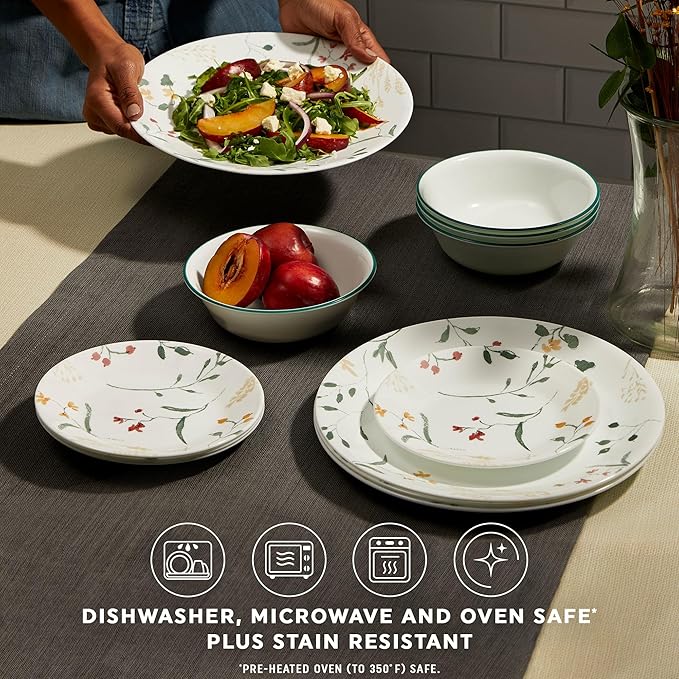 Corelle Vitrelle 18 Piece Glass Dinnerware Sets Service for 6 Triple Layer Chip &amp Crack Resistant Glass Plate and Bowl Sets Wildflower