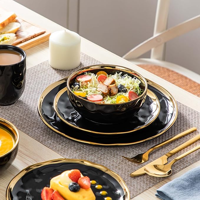 LOVECASA 16 Pieces Plates and Bowls Sets Porcelain Black and Gold Dinnerware Sets Round Dinner Plates Dishes Set Service for 4 Dishwasher Safe and Scratch Resistant Black