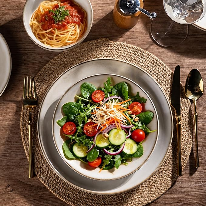 AmorArc Stoneware Dinnerware Sets for 6 18 Pieces Handpainted Ceramic Plates and Bowls Set Scratch Resistant Dishes Set Dishwasher &amp Microwave Safe Cappuccino