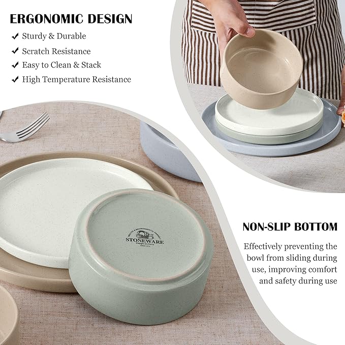 E-far Dinnerware Sets for 8 24-Piece Stoneware Plates and Bowls Dish Set Modern Kitchen Dinning Dishware Chip and Scratch Resistant Microwave &amp Dishwasher Safe Speckled Multicolor