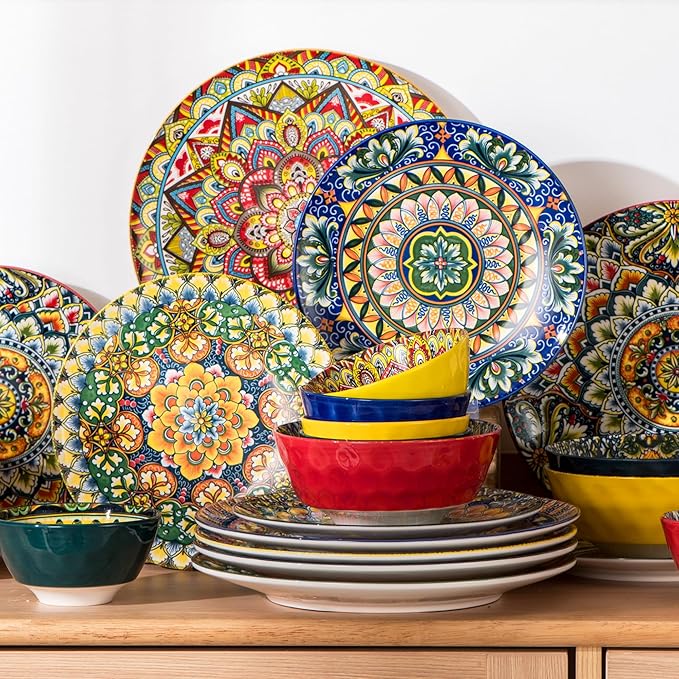 Henten Home Ceramic 12 Pieces Dinnerware Sets Bohemia Dinner Plates Soup Bowls Porcelain Dinnerware Set for 4 Microwave &amp Dishwasher Safe Scratch Resistant