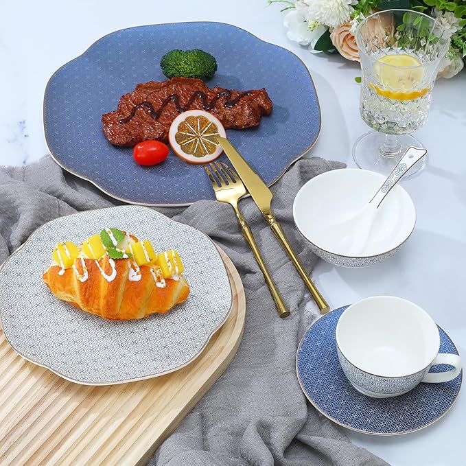 Ceramic Dinnerware Sets for 4 24 Pieces Bone China Plates and Bowls Set with Silver GridScratch Resistant Stoneware Dishes Set with MugsDishwasher &amp Oven Deep Blue