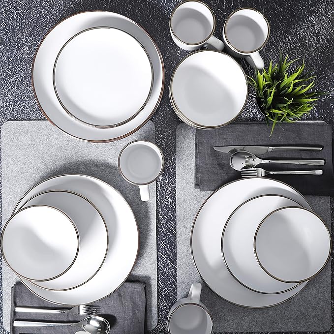 Gibson Home Rockaway Round Stoneware Dinnerware Set Service for 4 (16pcs) Matte White/Metallic Rim