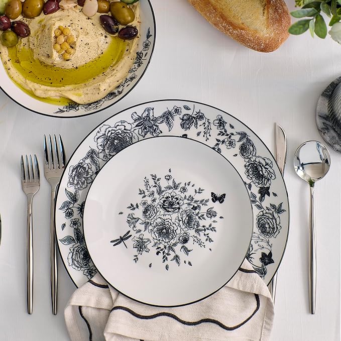 Stone Lain Esme 16-Piece Dinnerware Set Porcelain Plates and Bowls Set Dish Set for 4 Cereal and Pasta Bowls Microwave and Dishwasher Safe Black