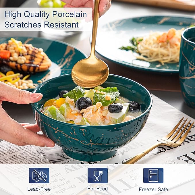 LOVECASA Porcelain Dinnerware Sets for 4 16 PCS Plates and Bowls Set Color Glaze with Gold Plate Dish Set Dinner Sets with Dinner Plates Dessert Plate Bowls and Mugs Dark Green
