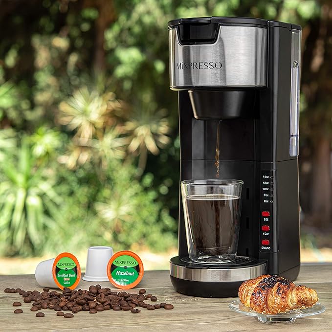 Mixpresso Black Single Serve Coffee Brewer K-Cup Pods Compatible &amp Ground 30 oz Compact Coffee Maker Single Serve With 5 Brew Sizes Up To 14 Oz Fits Travel Mug Adjustable Drip Tray