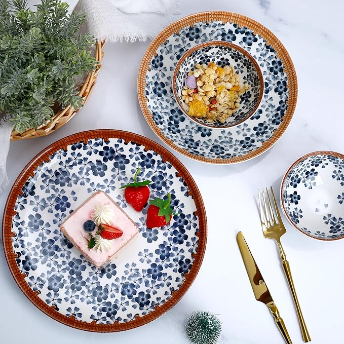 Sakura Blossom Dinnerware Set 12-Piece Porcelain Plates and Bowls Set for 4 Microwave and Dishwasher Safe
