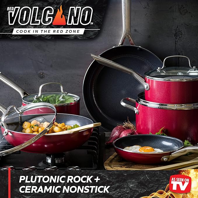 Textured Ceramic Nonstick 12 Piece Cookware Pots and Pans Set with Stainless Steel Handles PFAS PFOA &amp PTFE Free Dishwasher Safe Oven &amp Broiler Safe to 600 Degrees Red