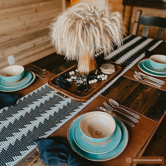 Paseo Road Patina Turquoise 16 Piece Ceramic Southwestern Rustic Cabin Dinnerware Set with Plates Bowls and Mugs