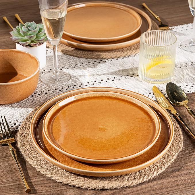 GBHOME Ceramic Dinnerware Sets for 8 24 Pieces Stoneware Plates and Bowls Sets Scratch Resistant Dishes Dishwasher &amp Microwave Safe Reactive Glaze-Amber