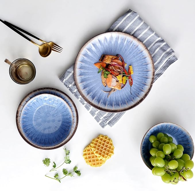 Melamine Dinnerware Sets 12 Pcs Plates and Bowls Sets Melamine Plates Outdoor Dishes Sets Unbreakable Dinnerware Serving Dishes for Entertaining Dishwasher Safe BPA Free (Classic Blue)