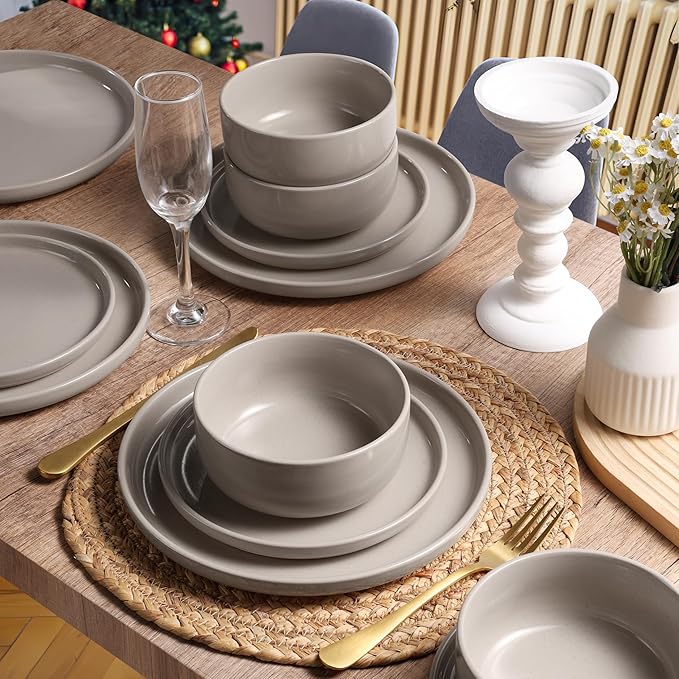 HaWare Dinnerware Sets 28 Pieces Stoneware Plates and Bowls Set Ceramic Dish Set for Home Restaurant Chip and Scratch Resistant Microwave &amp Dishwasher Safe Speckled Cream Coffee
