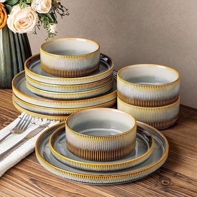 TheTerra Ceramic Dinnerware Sets for 4 12 Pieces Porcelain Lightweight Plates and Bowls Sets Scratch Resistant Dish Set Oven &amp Microwave &amp Dishwasher Safe Dusk Blue