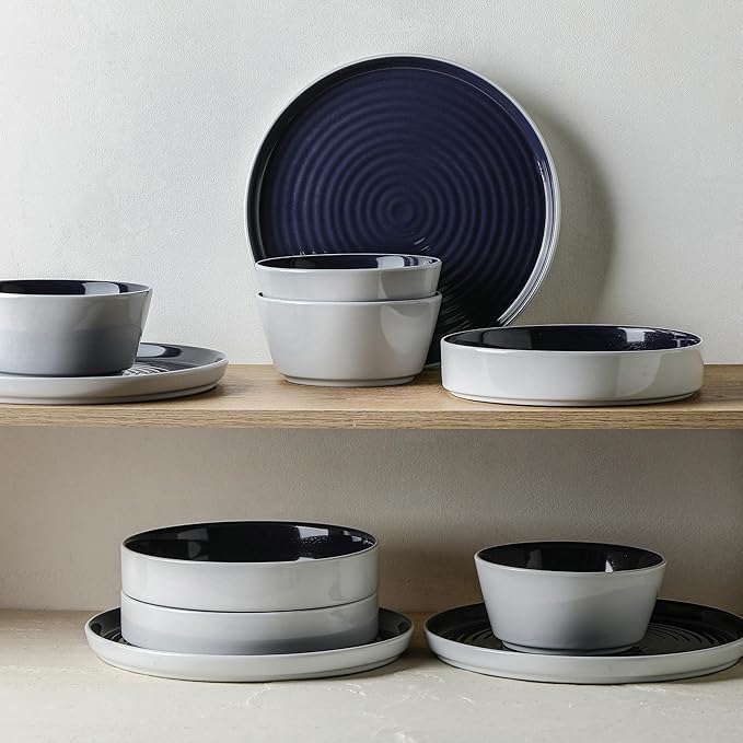 Stone Lain Elica 12-Piece Modern Dinnerware Set Stoneware Plates and Bowl Sets for 4 Navy and White