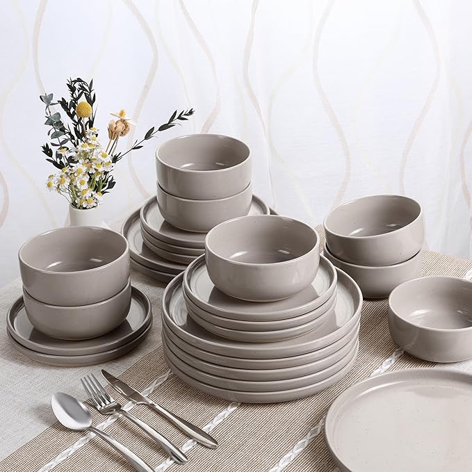 HaWare Dinnerware Sets 28 Pieces Stoneware Plates and Bowls Set Ceramic Dish Set for Home Restaurant Chip and Scratch Resistant Microwave &amp Dishwasher Safe Speckled Cream Coffee