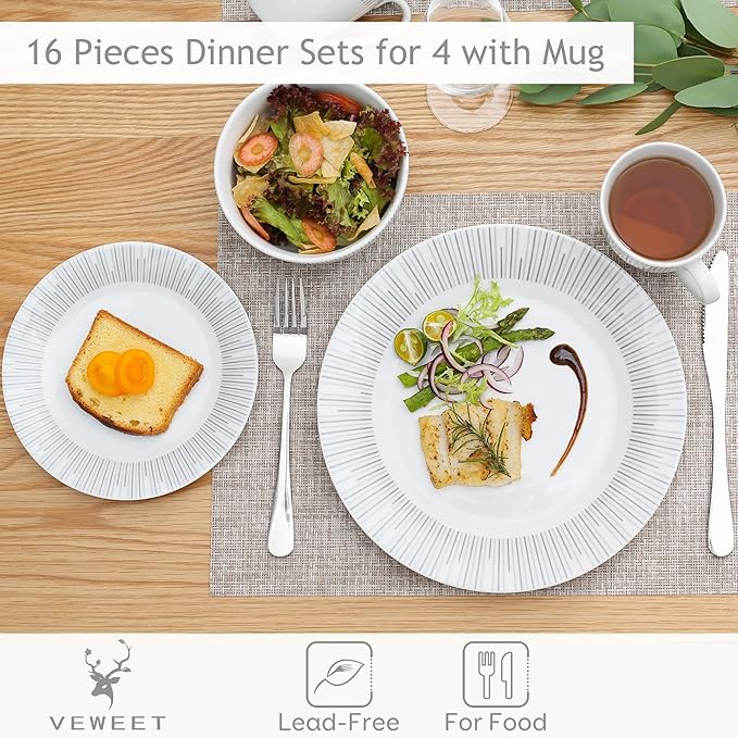 VEWEET Series Frame 16-Piece Dinner Set of Porcelain Combination Set with 10.75 Dinner Plate 7.5 Dessert Plate 5.5 Cereal Bowl and 380ml Mug Service for 4