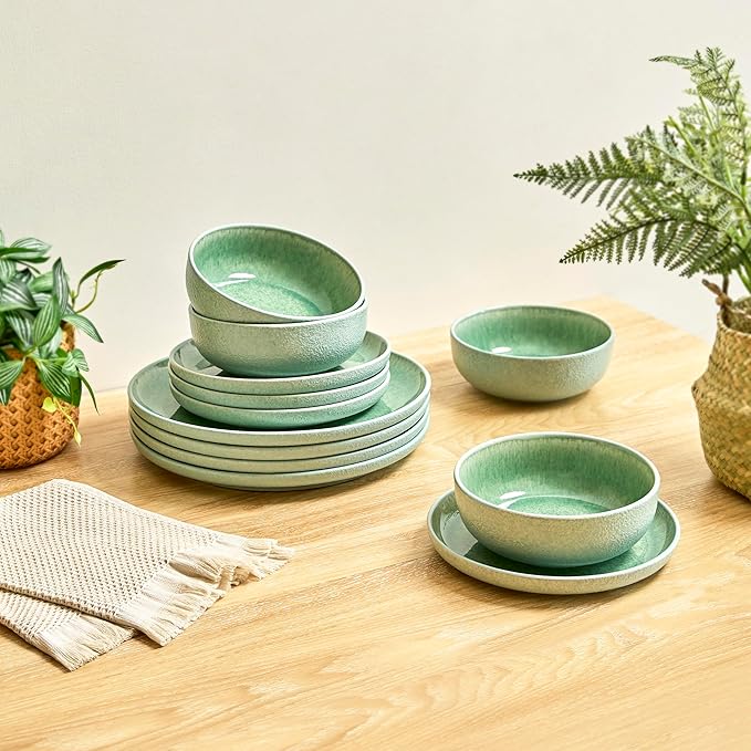 Sango 12-Piece Stoneware Dinnerware Set for 4 Green Ceramic Plates and Bowls Sets Modern Dish Set with Reactive Glaze Durable Kitchen Dishes for Casual Dining Microwave &amp Dishwasher Safe Ashe