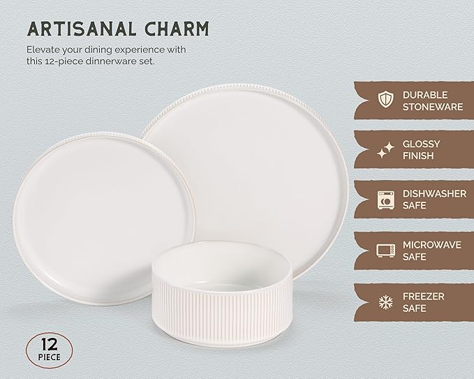 Ceramic Dinnerware Set by Vase and Vessel 12-Piece Service for 4 9.8” Dinner Plates 8” Salad Plates 20 oz Bowls Ombre Reactive Glaze Durable Stoneware Microwave &amp Dishwasher (Powder White)